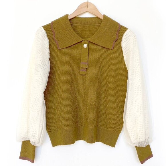 Korean Style Olive Knit Sweater Top Puff Mesh Sleeves Peter Pan Collar Preppy - Picture 1 of 11